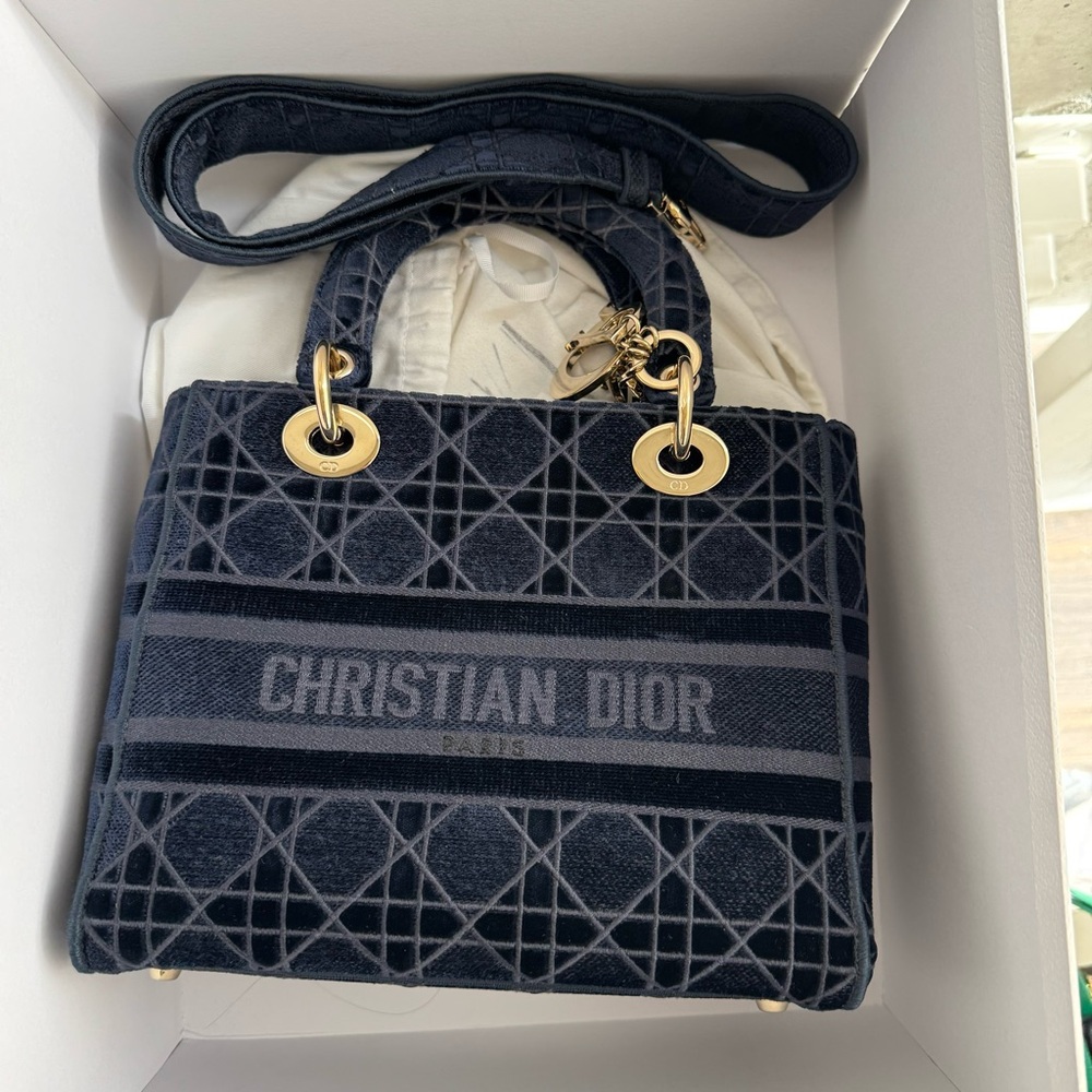 DIOR - Lady Dior Navy Blue Velvet Bag